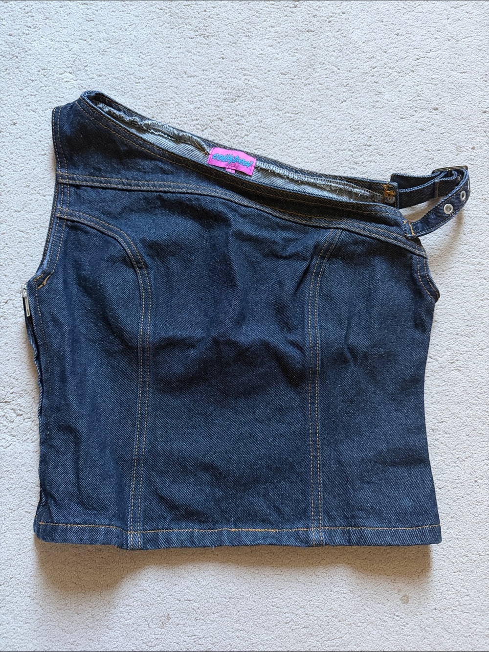 EDIKTED Keira Buckled Asymmetric Denim Top